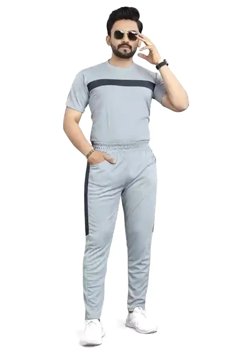 Men Top & Pyjama Set Grey Self Design