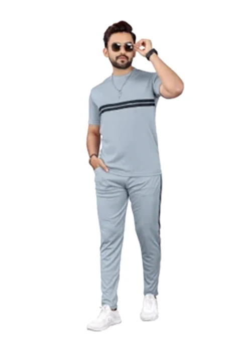 Men Top & Pyjama Set Grey Self Design