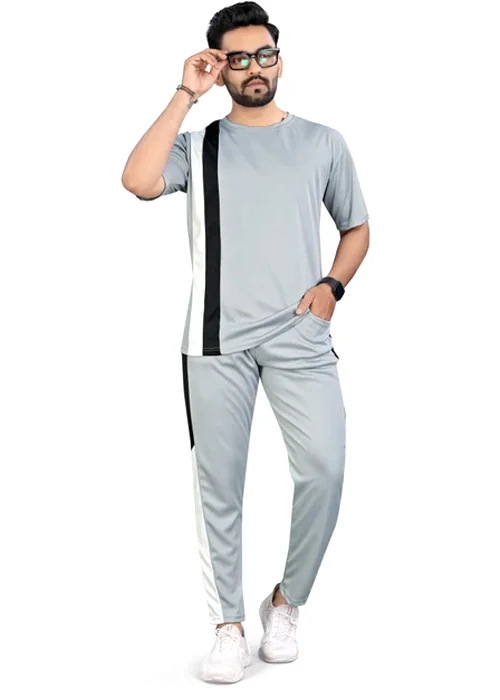 Men Top & Pyjama Set Grey Self Design