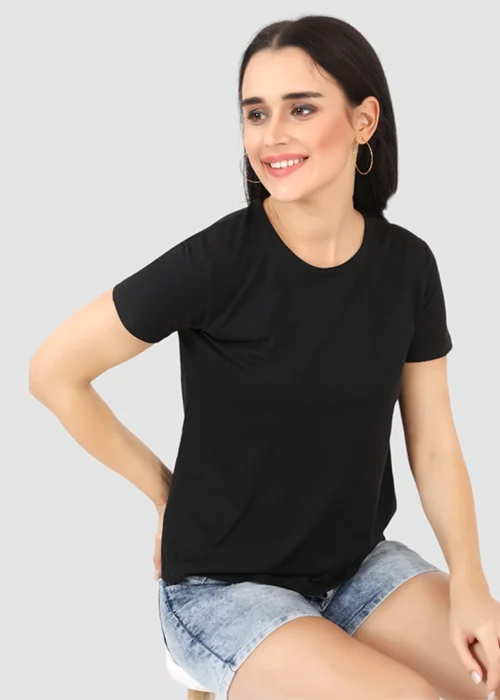 Women Solid Round Neck Pure Cotton Black T-Shirt