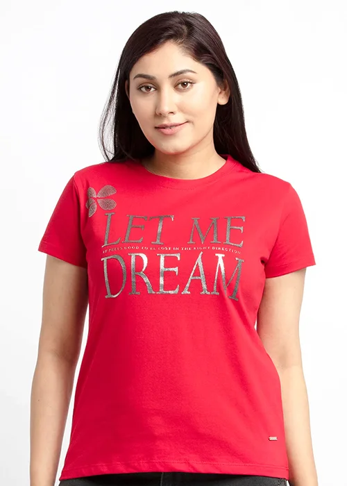 Women Printed Round Neck Pure Cotton Red T-Shirt