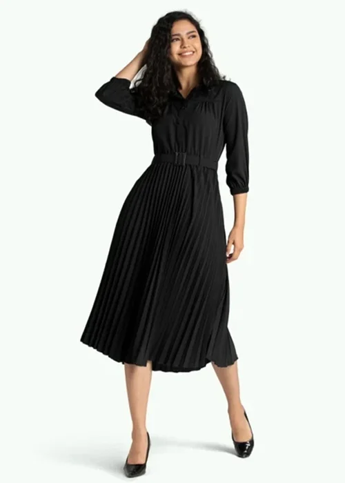 Women Pleated Black Midi/Calf Length Dress