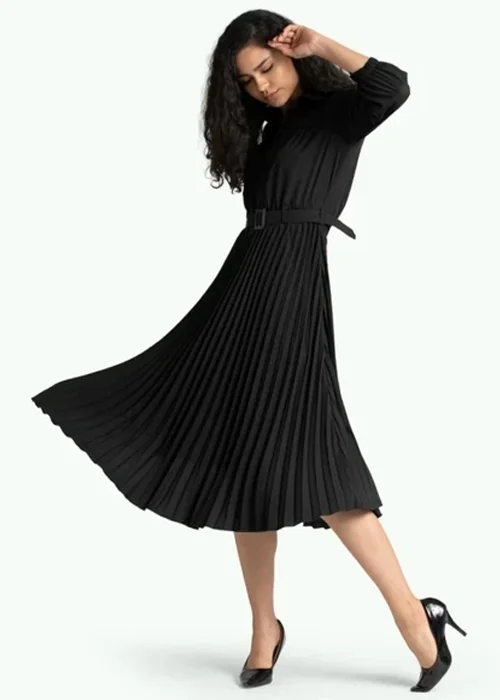Women Pleated Black Midi/Calf Length Dress