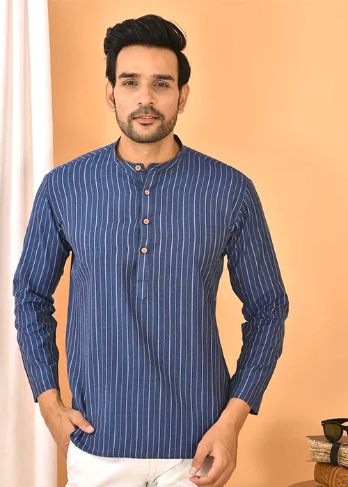 Men Striped Cotton Blend Straight Short Kurta