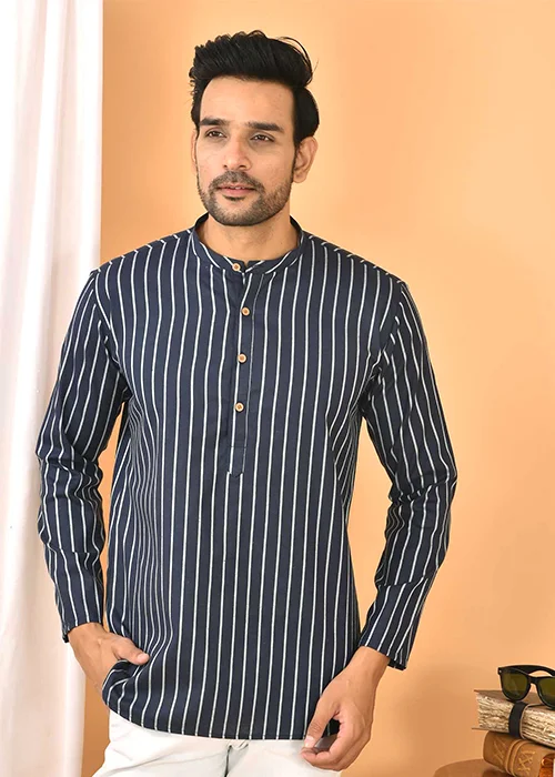 Men Striped Cotton Blend Straight Short Kurta