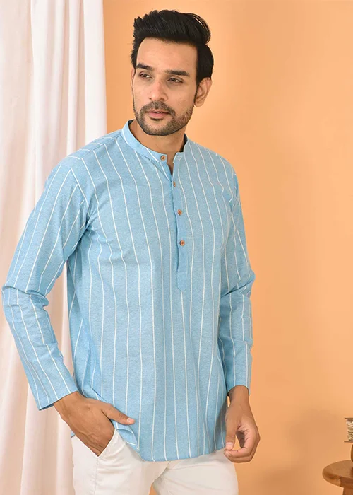 Men Striped Cotton Blend Straight Short Kurta