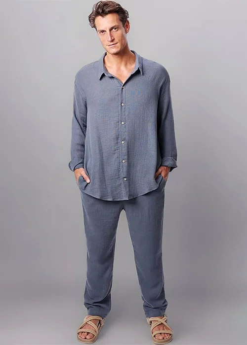 Men Cotton Blend Shirt Pant Clothes Set