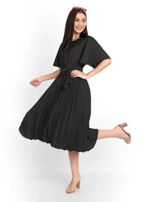 Women Pleated Black Midi/Calf Length Dress