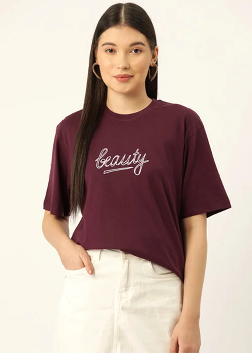 Women Typography Round Neck Pure Cotton Maroon T-Shirt