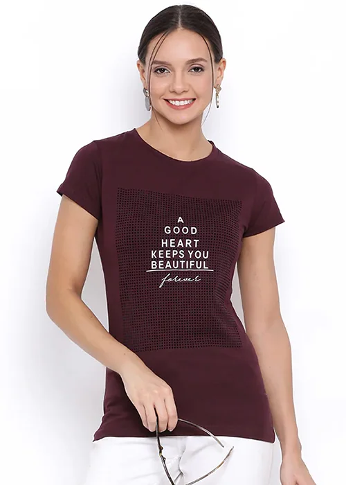 Women Typography Round Neck Pure Cotton Maroon T-Shirt