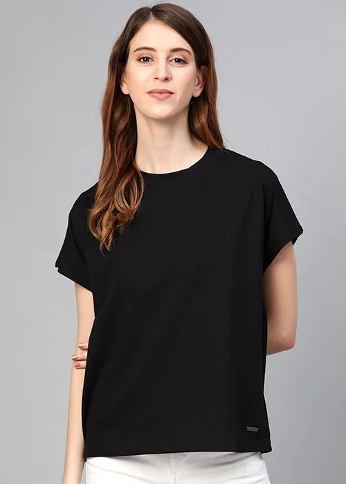 Women Solid Round Neck Pure Cotton Black T-Shirt