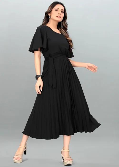 Women Pleated Black Midi/Calf Length Dress