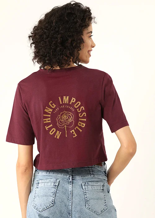 Women Typography Round Neck Pure Cotton Maroon T-Shirt